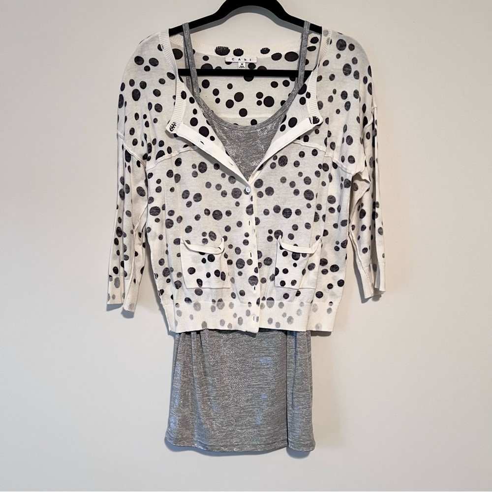 CAbi Black and White Polka Dot Cardigan 100% Cotton Sweater - Picture 6 of 7
